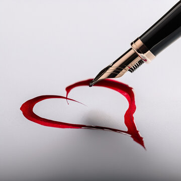 penna con inchiostro rosso appoggiata su un foglio bianco perde inchiostro dalla punta e forma un cuore
