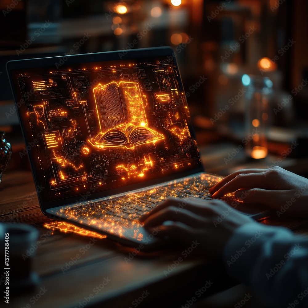 Poster a laptop computer displaying a glowing open book on its screen symbolizing the concept of digital le