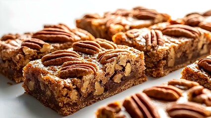 Fototapeta premium A close-up of scrumptious pecan bars topped with whole pecans, displaying a rich, nutty texture and caramel-like appearance. Concept Pecan Bars Close-Up, Rich Nutty Texture, Caramel Appearance