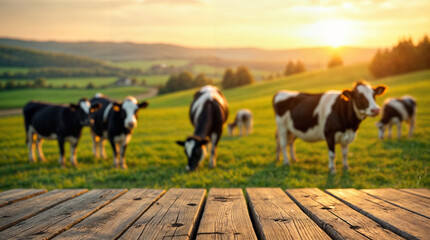 Empty wooden table with dairy field background, advertising, product mockup