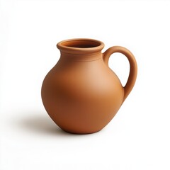 Traditional terracotta clay jug with round body and handle on white background