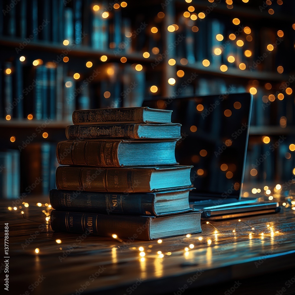 Aufkleber a stack of books resting on a table illuminated by the warm soft glow of the evening light creating 