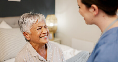 Fototapeta premium Happy, senior woman and caregiver in nursing home, talking and care for elderly patient with Alzheimer. Healthcare, recovery and old person in bedroom for rehabilitation, smile and bonding with nurse