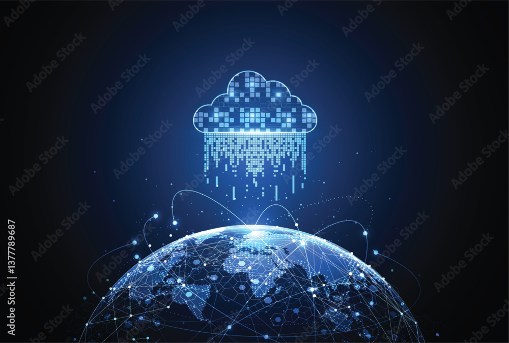 Poster global network connection with cloud. world map point and line composition concept of global busines