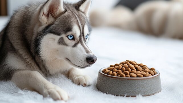Siberian husky with blue eyes lying near dog food bowl on white fur
