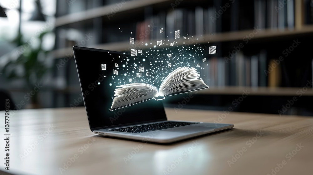 Poster a laptop computer open on a desk projecting illuminated text and data symbolizing the digital transf