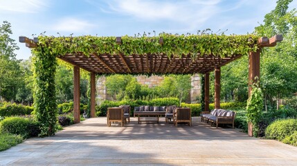 Obraz premium Captivating outdoor retreat featuring a wooden pergola adorned with lush climbing plants, creating a serene haven for relaxation and connection with nature