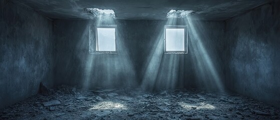 Sunlight streams through two windows in a damaged room, illuminating dust and debris on the floor