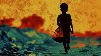 Generative AI of a poor child carrying a bag, image representing child labor.