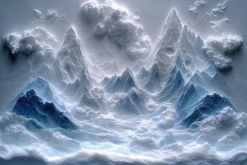 Serene Celestial Mountainscape A Dreamlike 3D Render of Peaks Emerging from Clouds