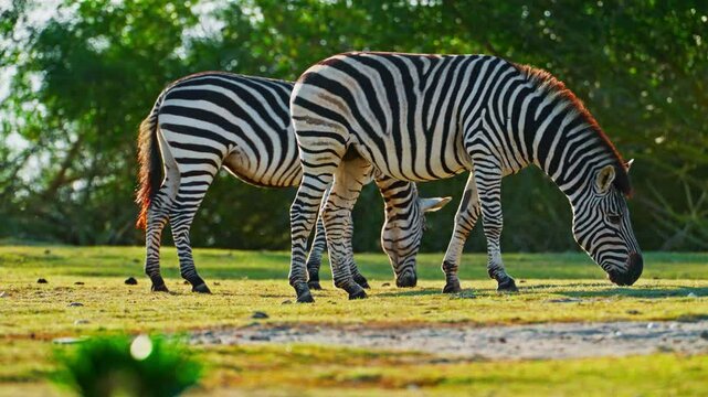 A pair of zebras together graze in the wild on a meadow of the savannah 