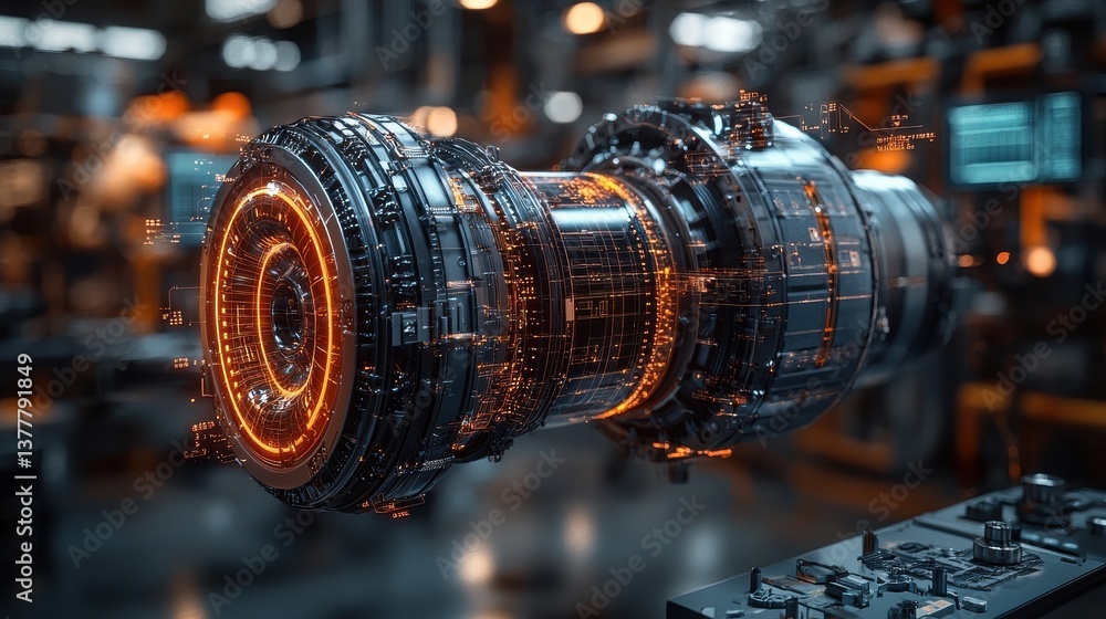 Poster detailed 3d rendering of a futuristic spacecraft engine featuring a glowing turbine surrounded by an