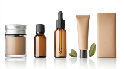 Eco-friendly cosmetics containers display for sustainable beauty solutions featuring amber glass, tin, and kraft materials in a carefully arranged composition