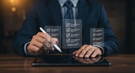 Professional digitally managing tasks with interactive checklist interface system