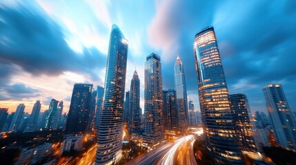 Obraz premium Dramatic and Impressive Cityscape Skyline with Towering Skyscrapers Illuminated Office Buildings and Blurred Traffic Lights at Dusk or Sunset Modern Urban Landscape with Futuristic Architecture