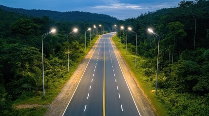 Solar-powered streetlights illuminate a serene road winding through the forest at dusk, showcasing nature's beauty and innovative technology in harmony