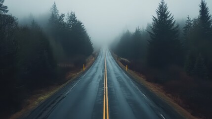 Enchanting aerial view of solar-powered streetlights illuminating a peaceful forest road, surrounded by misty greenery and open skies