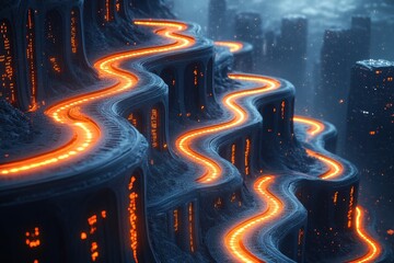 Futuristic Cityscape Glowing Pathways on an Alien Mountain