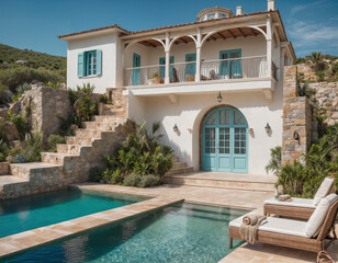 A luxurious Mediterranean-style villa perched on a rocky coastline, surrounded by lush greenery and facing the open sea. The villa features elegant stone architecture with arches and balconies