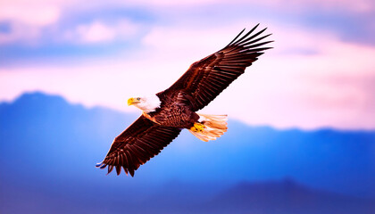 Obraz premium Powerful bird of prey in flight, wings spread wide, Majestic bald eagle soaring through the sky, Perfect for wildlife, a bald eagle against a blue sky with white clouds
