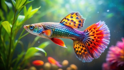 Fototapeta premium Vintage Guppy Fish Aquarium Closeup - Colorful Freshwater Fish Photography
