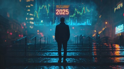Silhouetted figure standing on steps overlooking a futuristic dystopian cityscape at night  The urban landscape is illuminated by neon lights and displays financial data charts