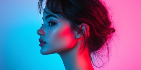 Fototapeta premium Profile of a woman illuminated with blue and red lighting against a gradient background in a studio