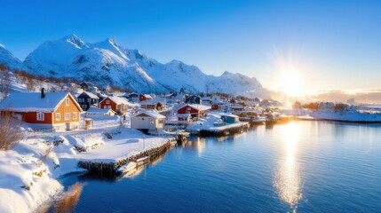 Breathtaking winter landscape with a quaint coastal village nestled between snow capped mountains and a frozen fjord with boats docked along the peaceful shoreline