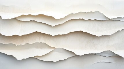 Fototapeta premium Layers of torn paper create a soft, textured landscape in beige and white, inviting exploration of the delicate contrasts and shadows between waves