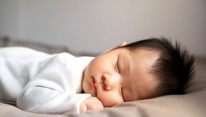 Peaceful newborn baby sleeping on a soft bed. The infant is dressed in a white outfit, resting with a relaxed expression, baby sleeping, warmth, innocence, and tranquility