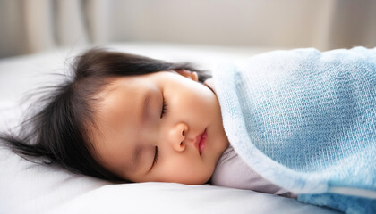 Peaceful newborn baby sleeping on a soft bed. The infant is dressed in a white outfit, resting with a relaxed expression, baby sleeping, warmth, innocence, and tranquility