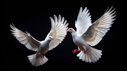 Obraz premium Elegant White Doves in Flight, Black Background, Graceful Birds, Serenity, Peace, Photography