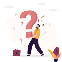 Thinking businessman, heavy pressure and workload. Worker man or employee holds or tries to carry giant question mark. Hard and difficult business solution.