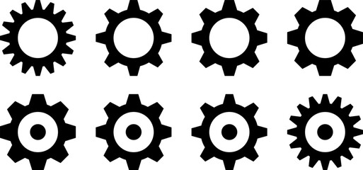 Gear set. Black gear wheel icons on white background. Vector illustration.