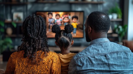 African American family relaxing and bonding while watching a movie or television show together on the couch in their comfortable living room at home