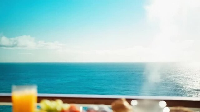 Breakfast with fruits and coffee on a balcony overlooking the sea, bright atmosphere
