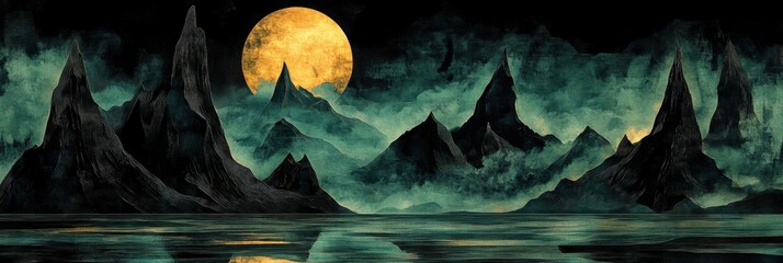 Mystical Mountain Lake Under a Golden Moon