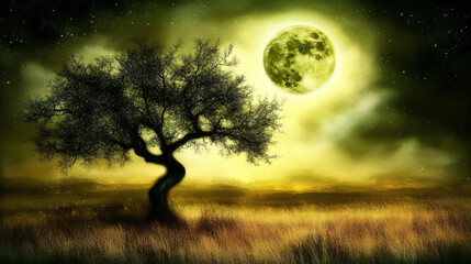 mystical tree under glowing moonlight