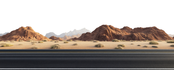 Asphalt road stretching across the desert, isolated on a transparent background