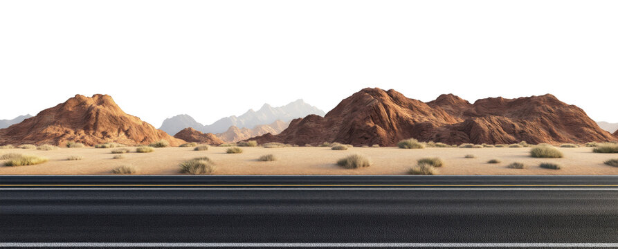 Asphalt road stretching across the desert, isolated on a transparent background