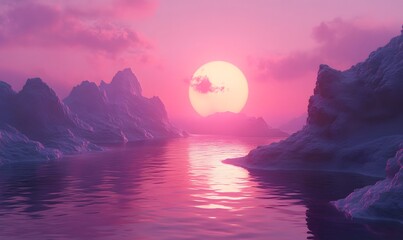 Pink sunset over water with mountains reflecting in the water creating a serene landscape view