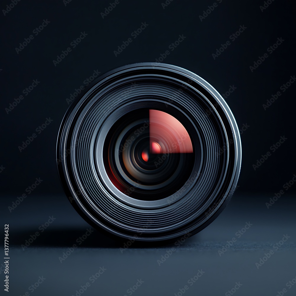 Poster a stylized camera lens featuring concentric circles and a red aperture, set against a dark backgroun