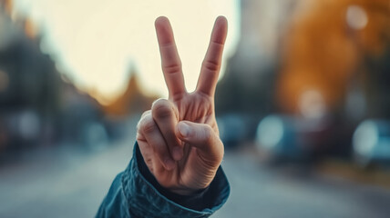 A close-up of a hand forming a V sign, symbolizing peace and harmony.