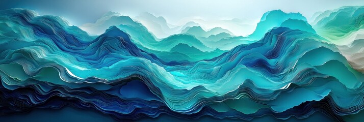 Abstract Teal and Blue Mountain Range Landscape - Serene Wavy Texture