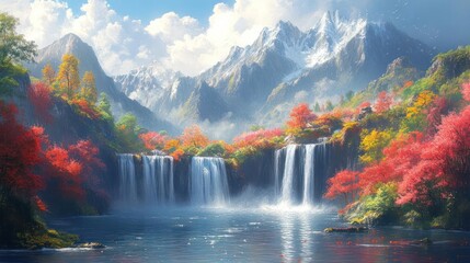 Autumnal waterfall cascading down mountains. Lush foliage and snow-capped peaks create a vibrant landscape