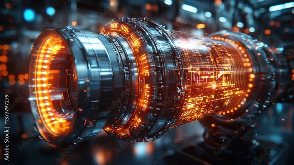 Poster futuristic sci fi inspired abstract scene featuring intricate turbine engines and a sleek high tech 
