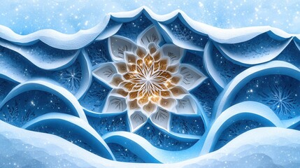 Intricate Winter Mandala Blue and Gold Ice Crystal Design
