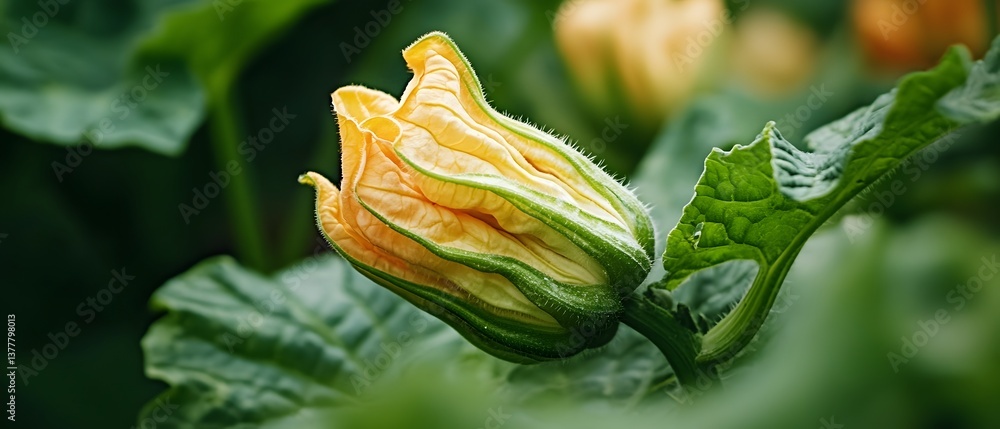 Poster close up of a zucchini flower bud surrounded by lush green leaves with an open bloom next to it the 