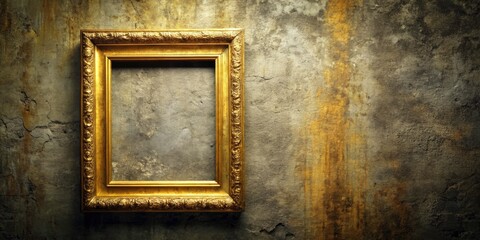 Gold Picture Frame Grunge Wall, Empty Frame Mockup, Vintage Frame, Rustic Decor,  Blank Frame,  Gold Frame,  Wall Decor, Interior Design,  Grunge Background,  Photo Frame Mockup