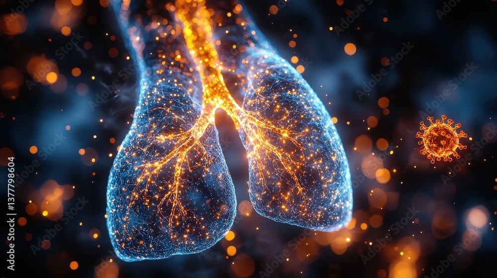 Poster glowing digital rendering of human lungs and respiratory system abstract 3d visualization of the ana